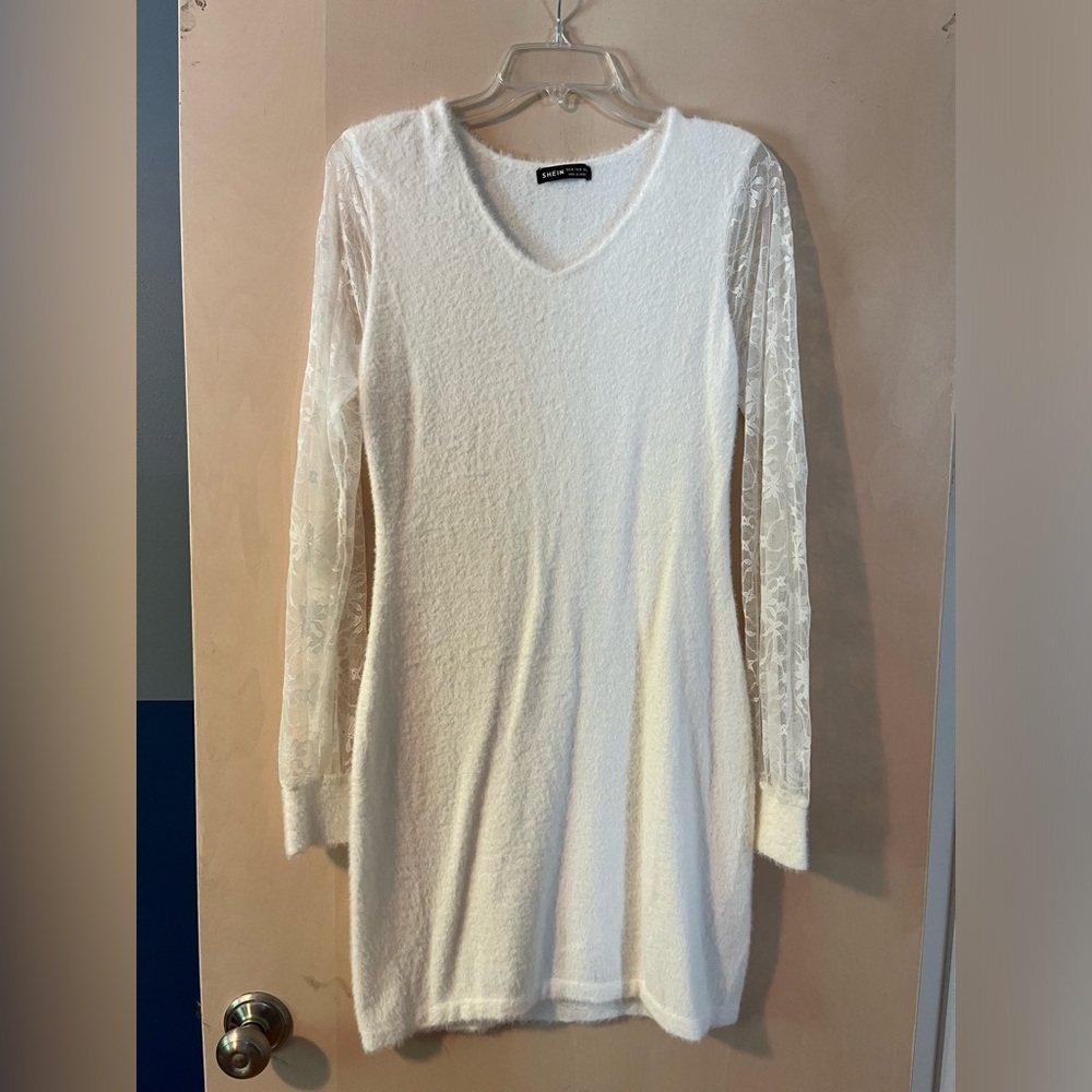 WHITE SOFT BODY-CON DRESS WITH SHEER FLORAL LONG SLEEVES